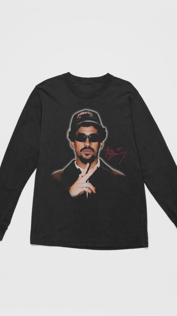 Floating black Puerto Rican Bunny long sleeve showing front portrait graphic.
