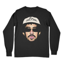  Black Reggaeton Bunny graphic long sleeve flat lay front view, urban Latin music shirt.