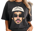  Woman styling black Reggaeton Bunny t-shirt, casual unisex streetwear.