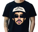 Man wearing black Reggaeton Bunny t-shirt, Latin music fan apparel.