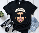 Black Reggaeton Bunny tee mockup styled with sneakers, urban streetwear.