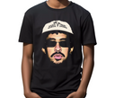 Youth wearing black Reggaeton Bunny t-shirt, kid-friendly Latin music fan gear.