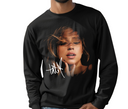 Man wearing black Tate McRae Greedy long sleeve, vintage pop fan apparel.