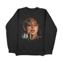  Black Tate McRae Greedy graphic sweatshirt flat lay front view, vintage pop streetwear.

