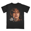Black Tate McRae Greedy graphic tee flat lay front view, vintage pop streetwear.